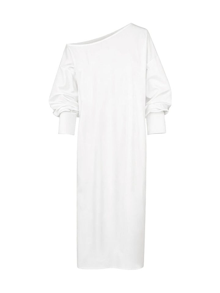 Olivia Bennet | Long Sleeves Loose Solid Color Split-Side One-Shoulder Midi Dresses