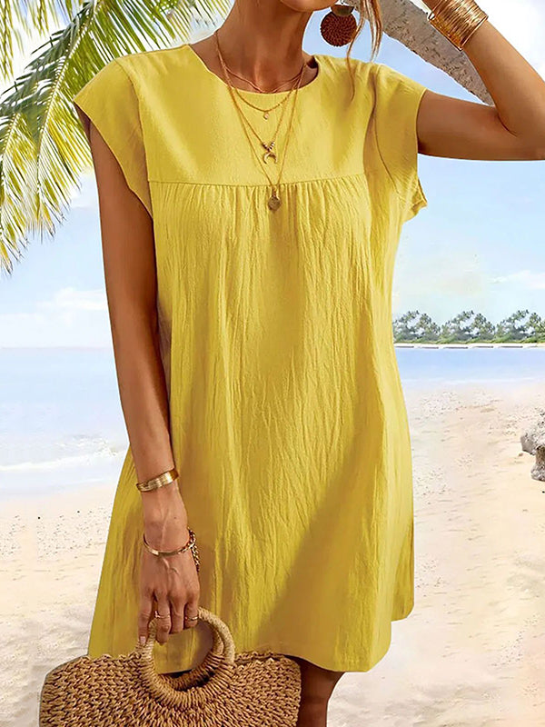 Olivia Bennet | Cap Sleeve Loose Pleated Solid Color Round-Neck Mini Dresses