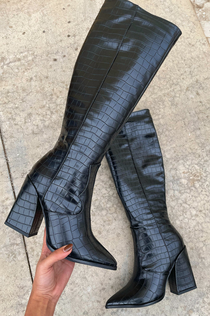 Mila™ Black Croc Knee-High Boots