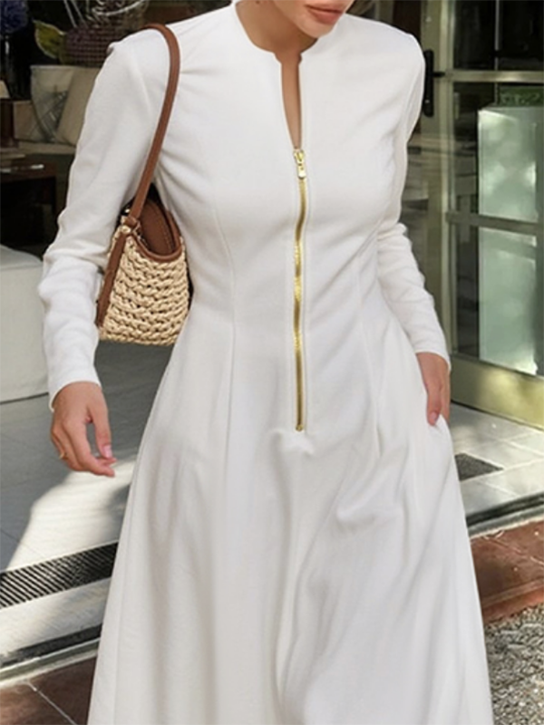 Olivia Bennet | Long Sleeves Solid Color Zipper Round-Neck Maxi Dresses