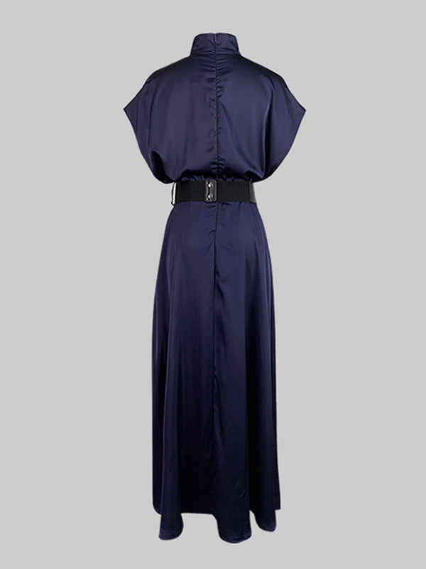 Olivia Bennet | Loose Raglan Sleeve Solid Color Split-Joint Tied Waist High Neck Maxi Dresses