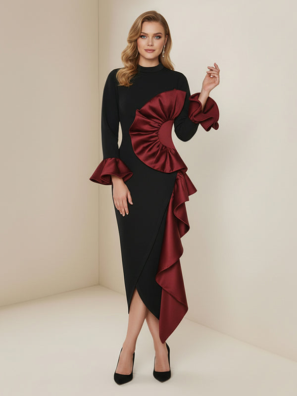 Olivia Bennet | Bodycon Flared Sleeves Asymmetric Contrast Color Ruffled Zipper Stand Collar Midi Dresses