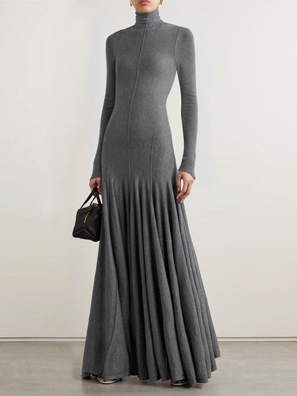 Olivia Bennet | Long Sleeves Skinny Solid Color High Neck Maxi Dresses