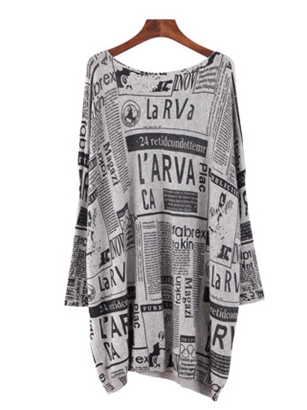 Olivia Bennet | Vintage Loose One-Shoulder Newspaper Printed Split-Joint Sweater