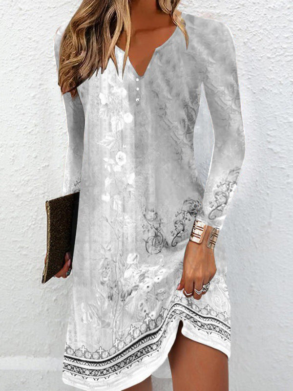 Olivia Bennet | Long Sleeves Loose Floral Printed V-neck Maxi Dresses Mini Dresses