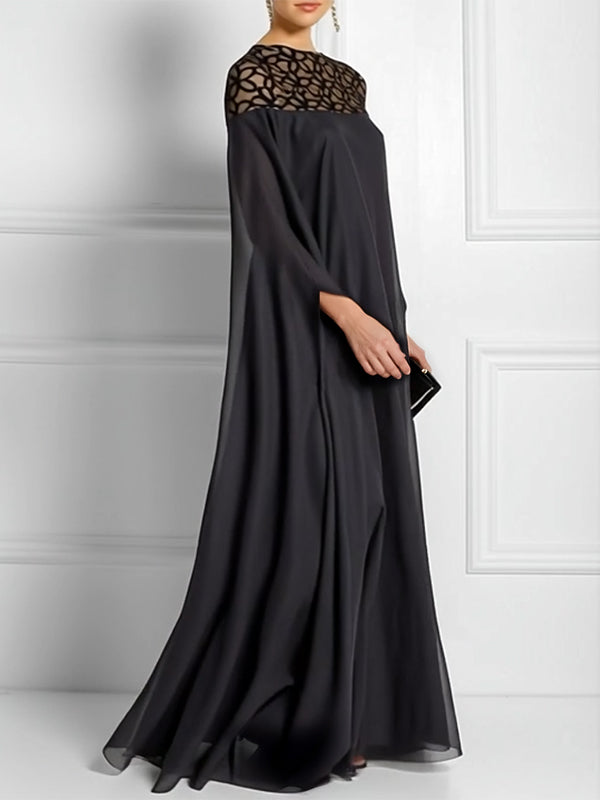 Olivia Bennet | Batwing Sleeves Loose Jacquard See-Through Solid Color Split-Joint Three-Dimensional Flower Round-Neck Maxi Dresses