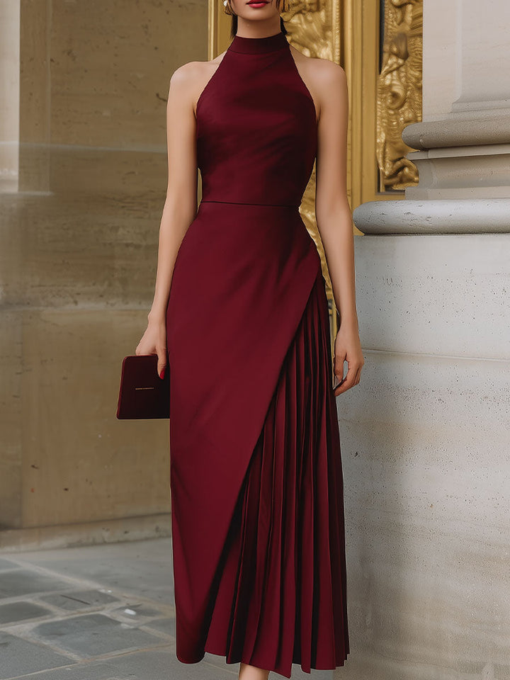 Olivia Bennet | Burgundy Halter-Neck Asymmetric Pleated Chiffon Dress
