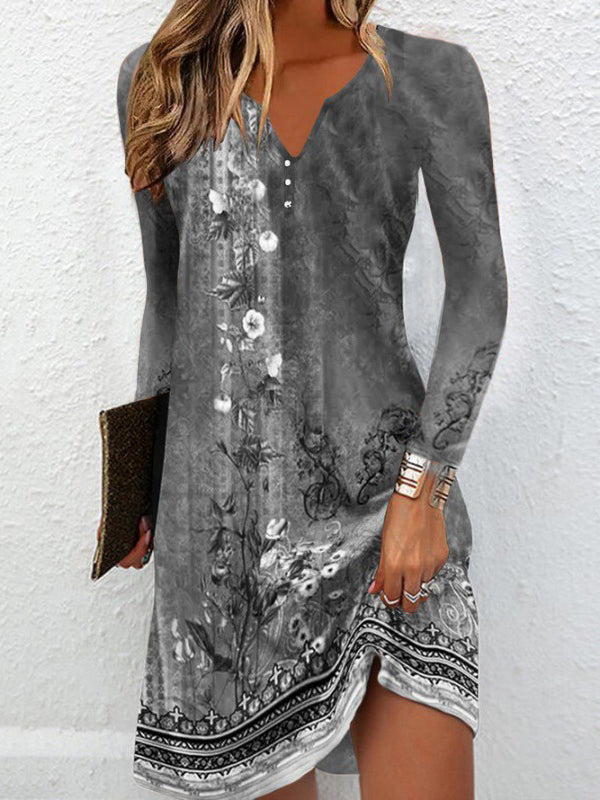 Olivia Bennet | Long Sleeves Loose Floral Printed V-neck Maxi Dresses Mini Dresses