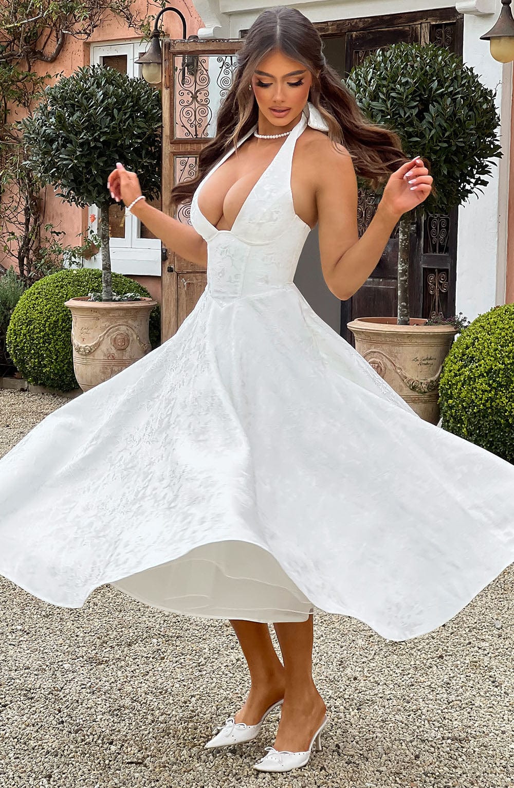 Women Wedding Guest Halter Midi Dress