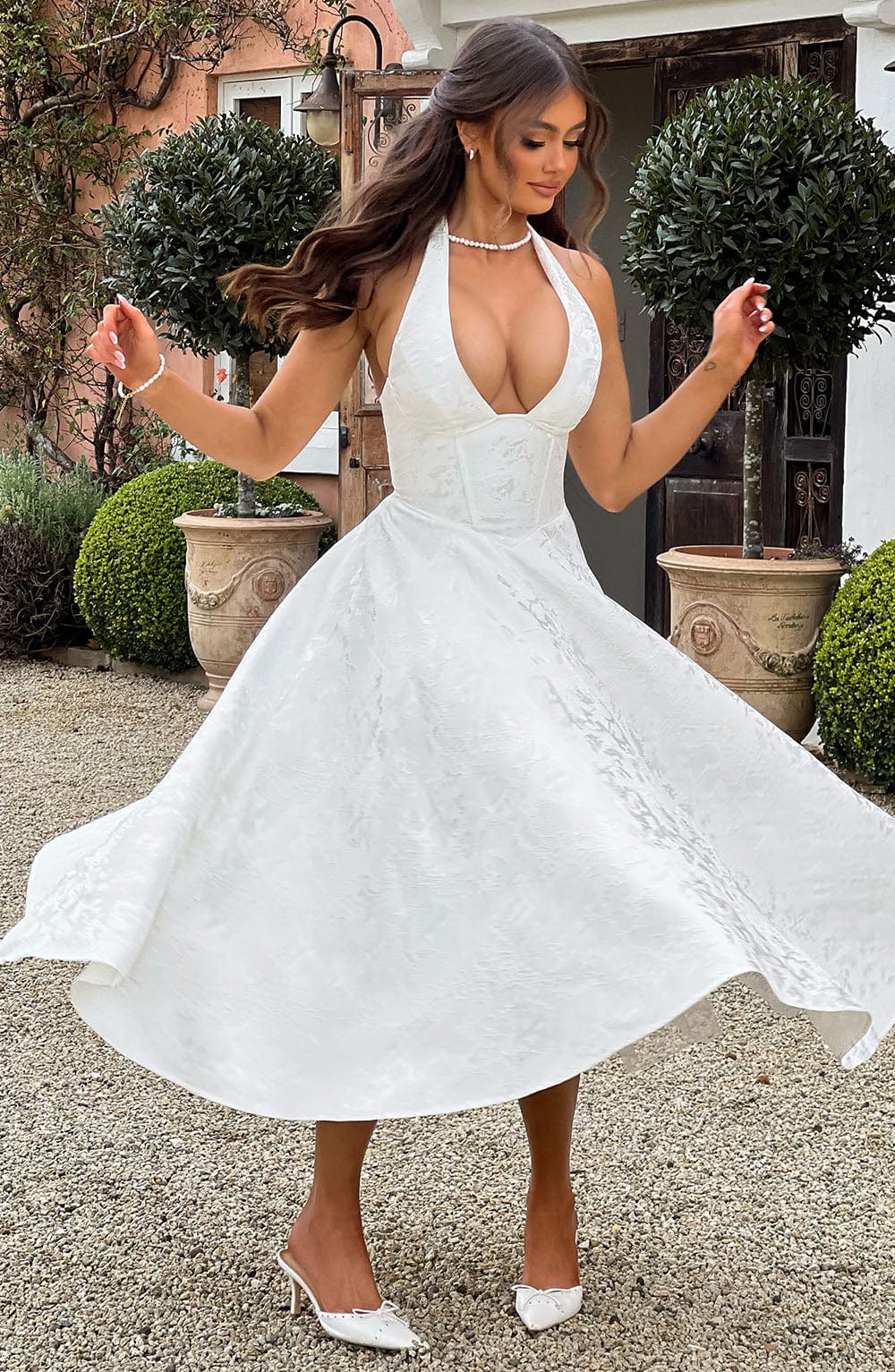 Women Wedding Guest Halter Midi Dress