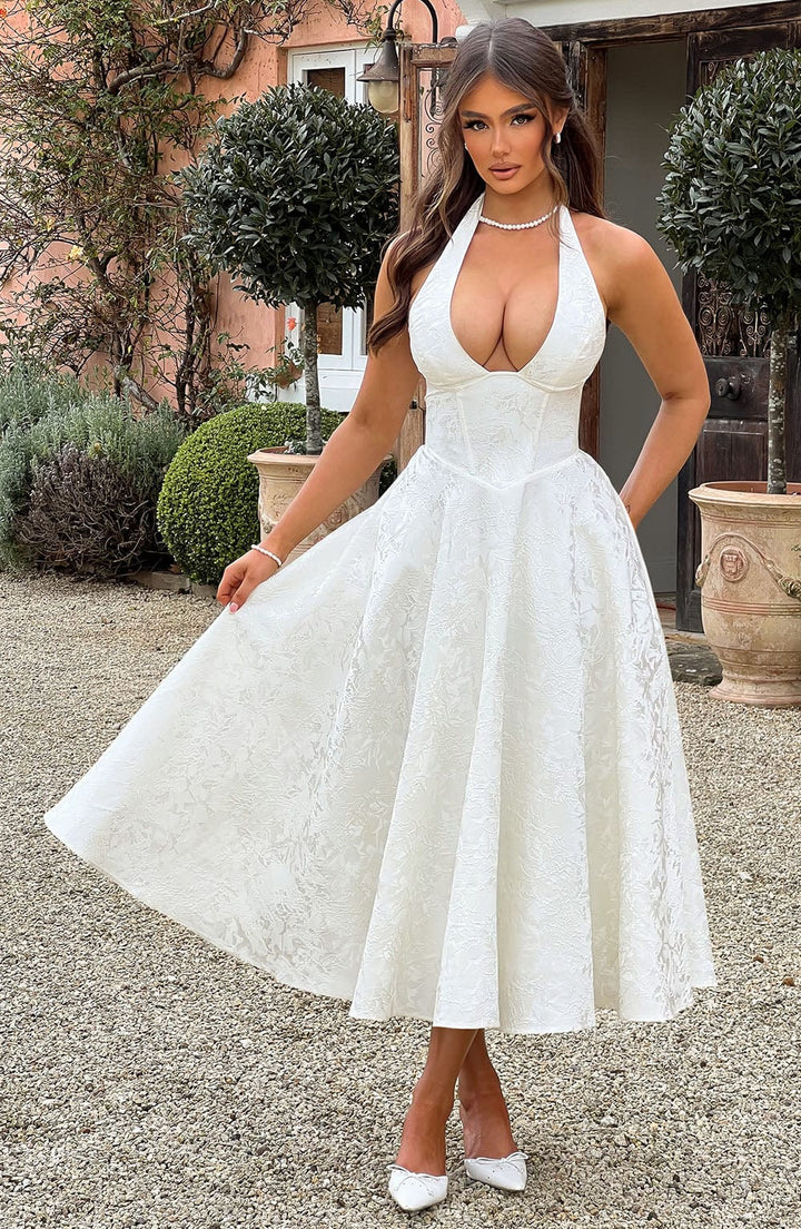 Women Wedding Guest Halter Midi Dress