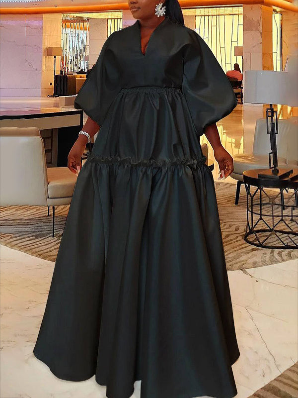 Olivia Bennet | High Waisted Puff Sleeves Falbala Solid Color V-Neck Maxi Dresses
