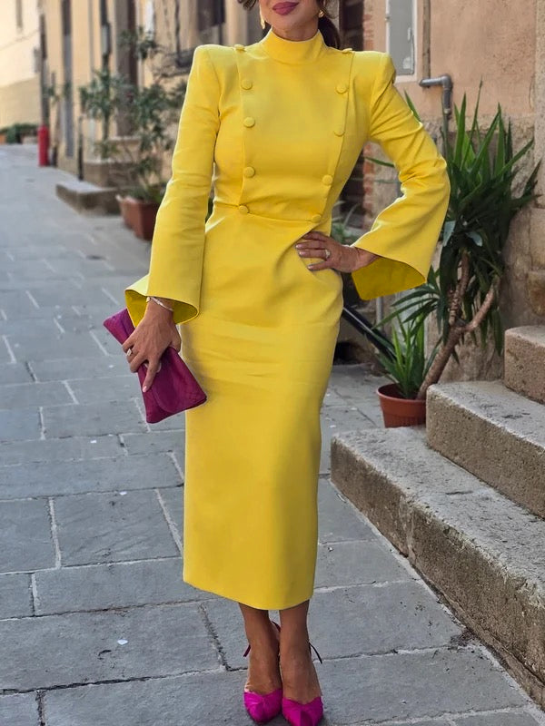 Olivia Bennet | Flared Sleeves High Waisted Buttoned Solid Color Mock Neck Midi Dresses