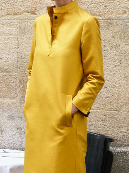Olivia Bennet | Long Sleeves Loose Solid Color Split-Side Stand Collar Midi Dresses