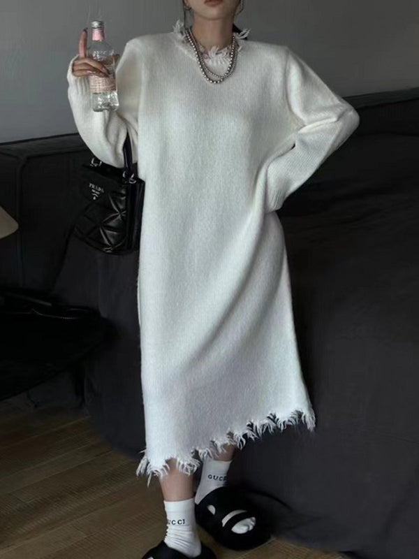 Olivia Bennet | High Waisted Long Sleeves Fringed Solid Color Round-Neck Midi Dresses Sweater Dresses