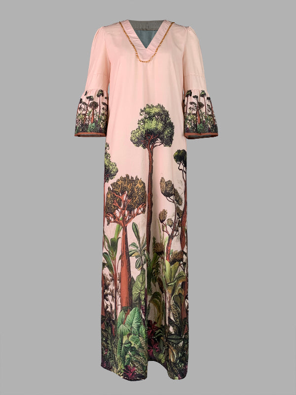 Olivia Bennet | Flared Sleeves Loose Leaves Print V-Neck Maxi Dresses