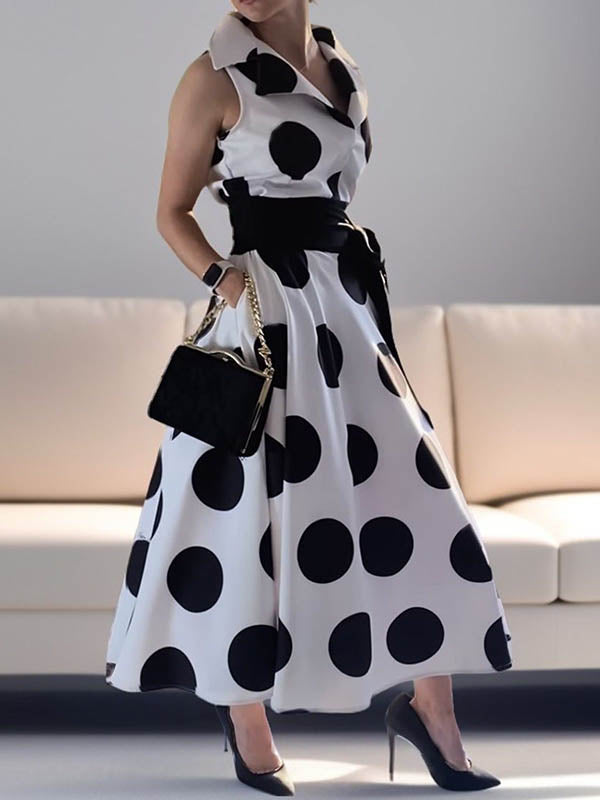 Olivia Bennet | A-Line Sleeveless Polka-Dot Split-Joint Tied Waist Lapel Maxi Dresses Shirt Dress