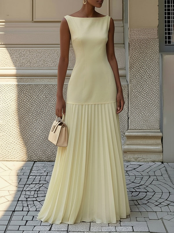 Olivia Bennet | Sleeveless Gauze Pleated Solid Color Split-Joint Boat Neck Evening Dresses Maxi Dresses