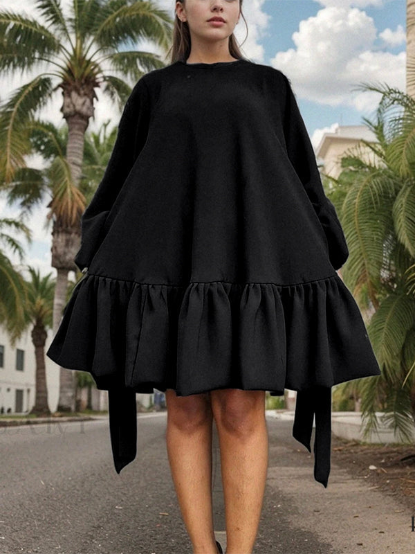 Olivia Bennet | Long Sleeves Loose Falbala Solid Color Stand Collar Mini Dresses