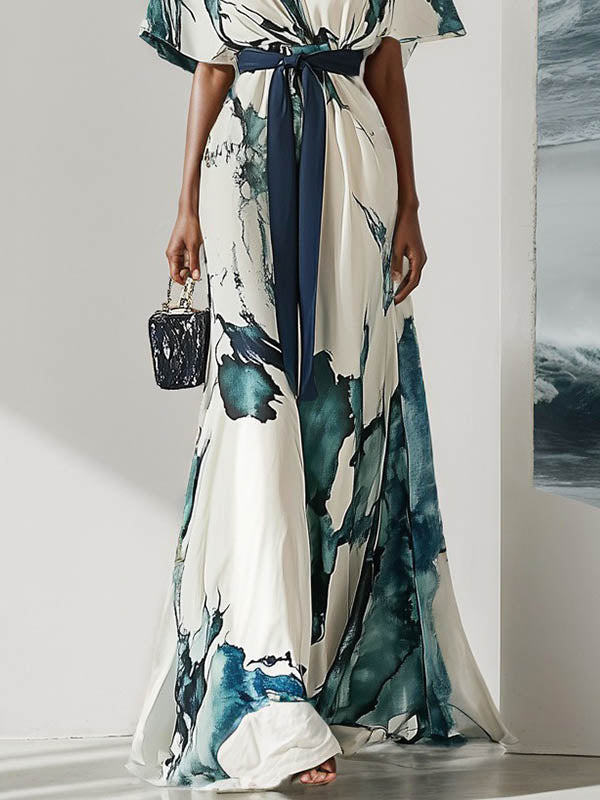 Olivia Bennet | Batwing Sleeves Loose Printed Tied Waist V-Neck Evening Dresses Maxi Dresses