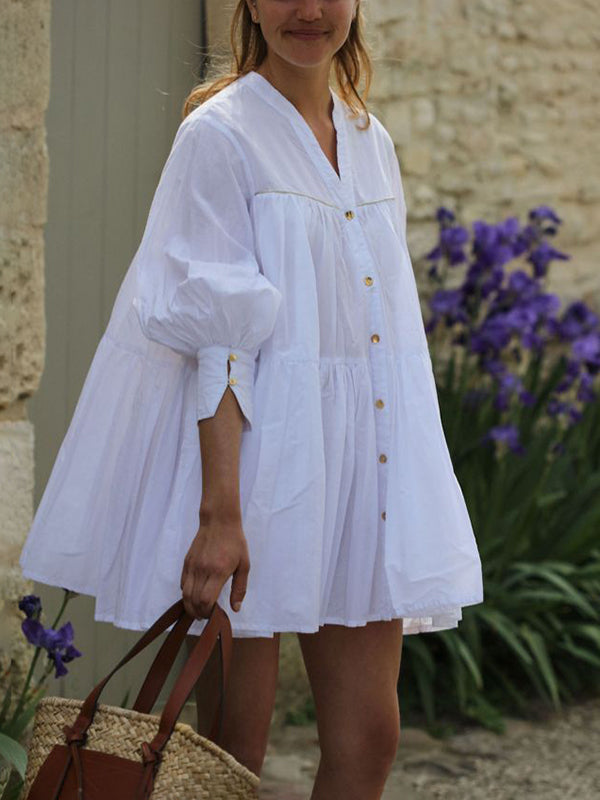 Olivia Bennet | A-Line Long Sleeves Buttoned Pleated Solid Color V-Neck Mini Dresses Shirt Dress