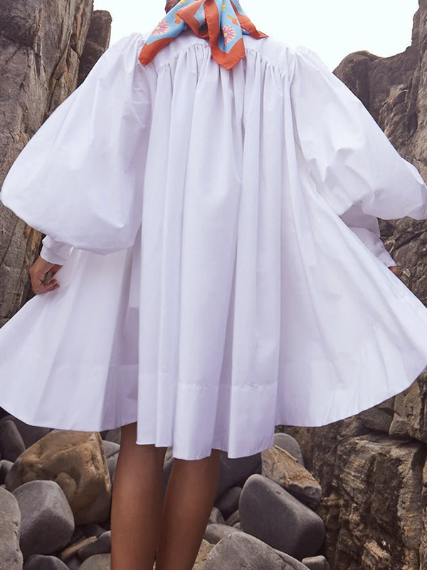 Olivia Bennet | Long Sleeves Loose Buttoned Solid Color Stand Collar Mini Dresses Shirt Dress