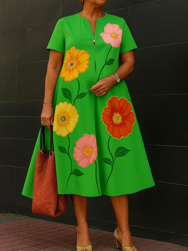 Olivia Bennet | A-Line Loose Flower Print V-Neck Midi Dresses