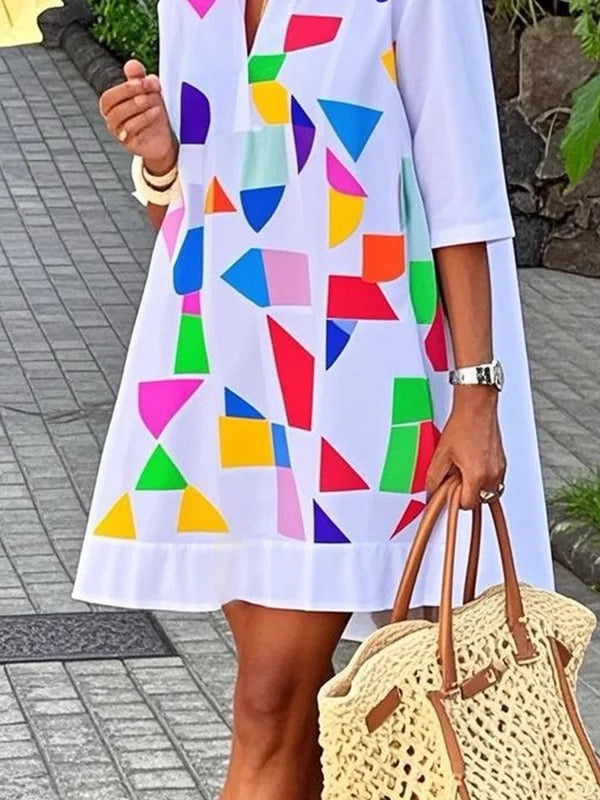 Olivia Bennet | A-Line Half Sleeves Contrast Color Stand Collar Mini Dresses