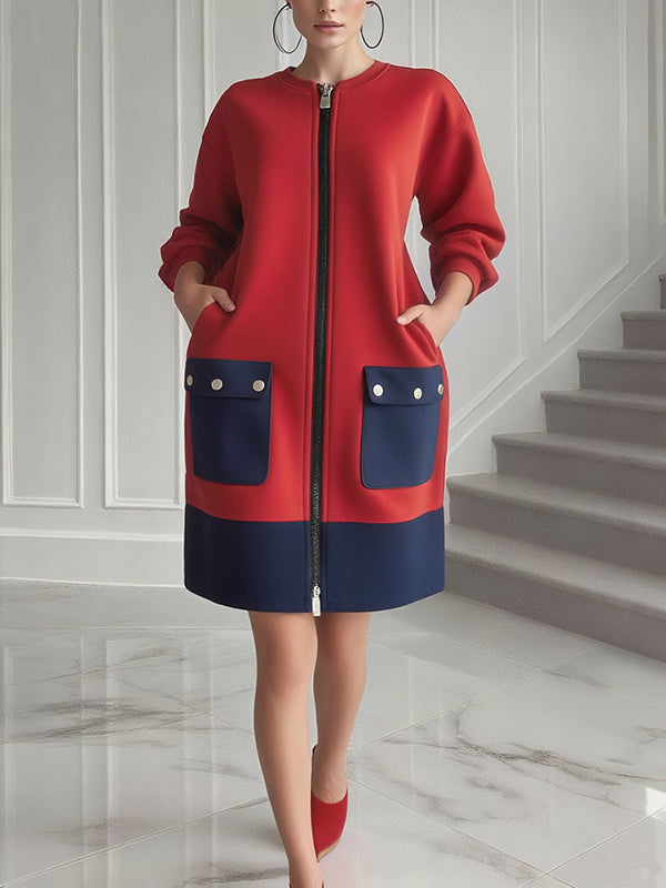 Olivia Bennet | Long Sleeves Loose Contrast Color Pockets Split-Joint Zipper Round-Neck Midi Dresses