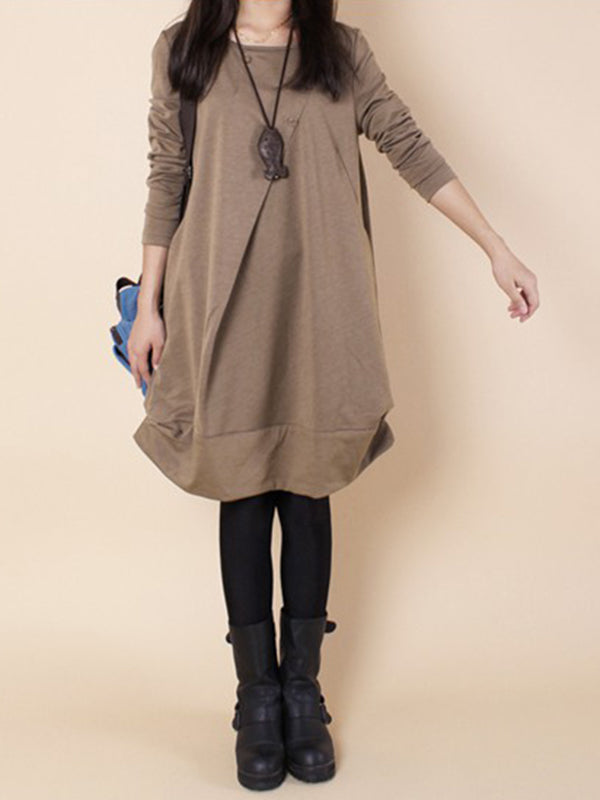 Olivia Bennet | A-line Long Sleeves Pleated Solid Color Round-neck Dresses Maxi Dresses