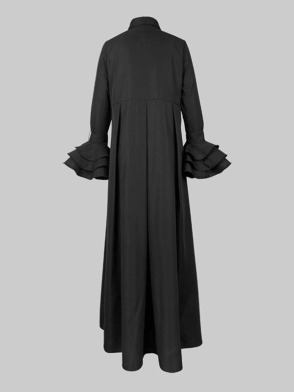 Olivia Bennet | Flared Sleeves Pleated Solid Color Split-Joint Lapel Maxi Dresses Shirt Dress