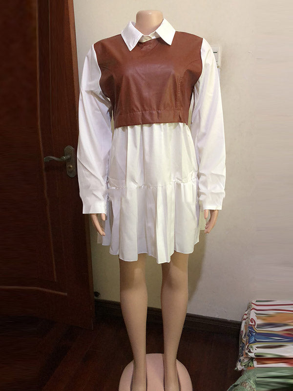 Olivia Bennet | Long Sleeves Loose Contrast Color Pleated Split-Joint Lapel Mini Dresses