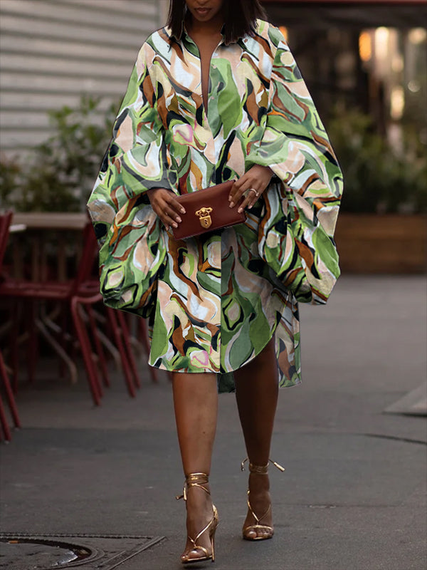 Olivia Bennet | Long Sleeves Loose Buttoned Elasticity Printed Lapel Midi Dresses Shirt Dress