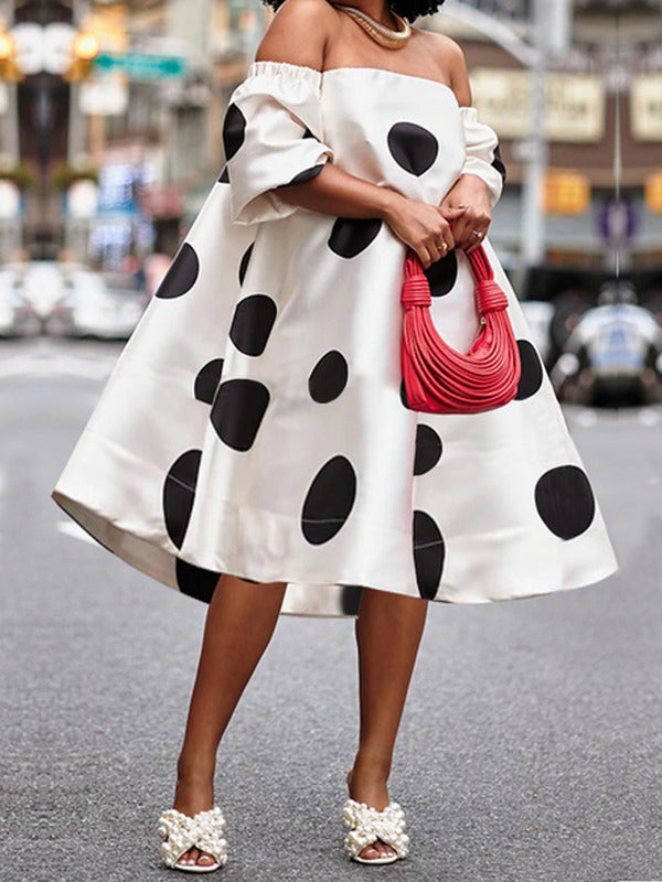 Olivia Bennet | A-Line Loose Polka-Dot Split-Joint Off-The-Shoulder Midi Dresses