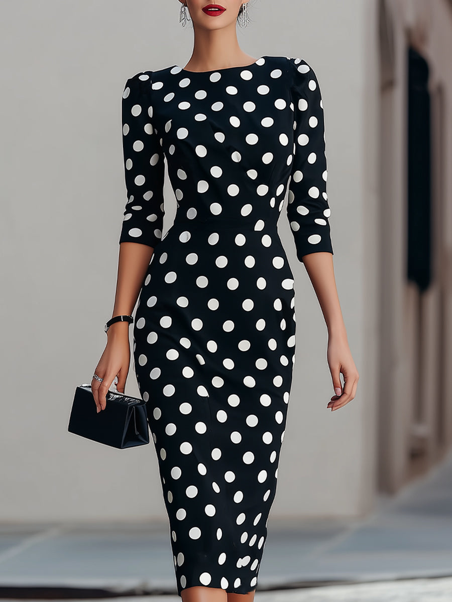 Olivia Bennet | Black & White Polka Dot Midi Sheath Dress