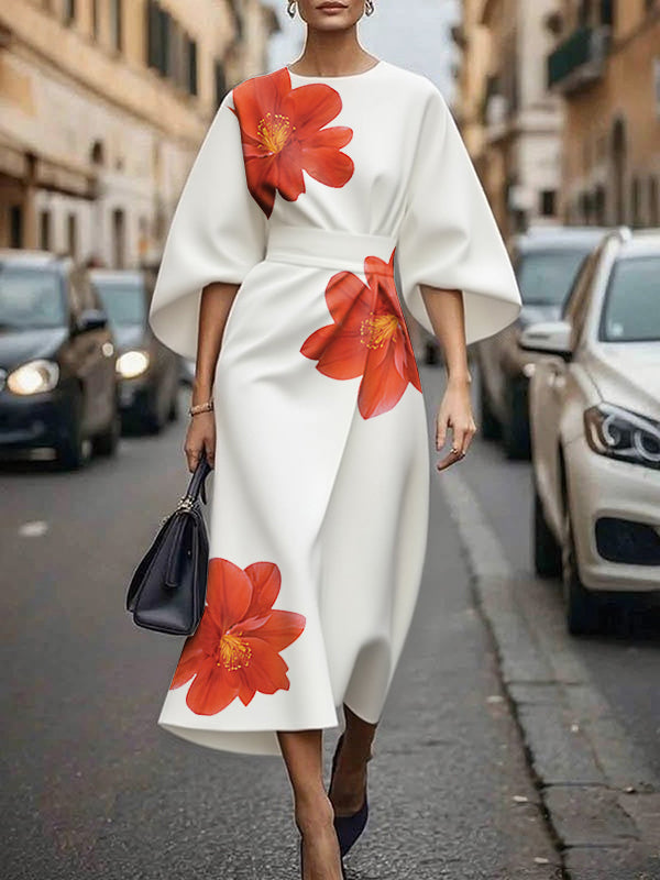 Olivia Bennet | Three-Quarter Sleeves Asymmetric Floral Printed Split-Joint Round-Neck Midi Dresses