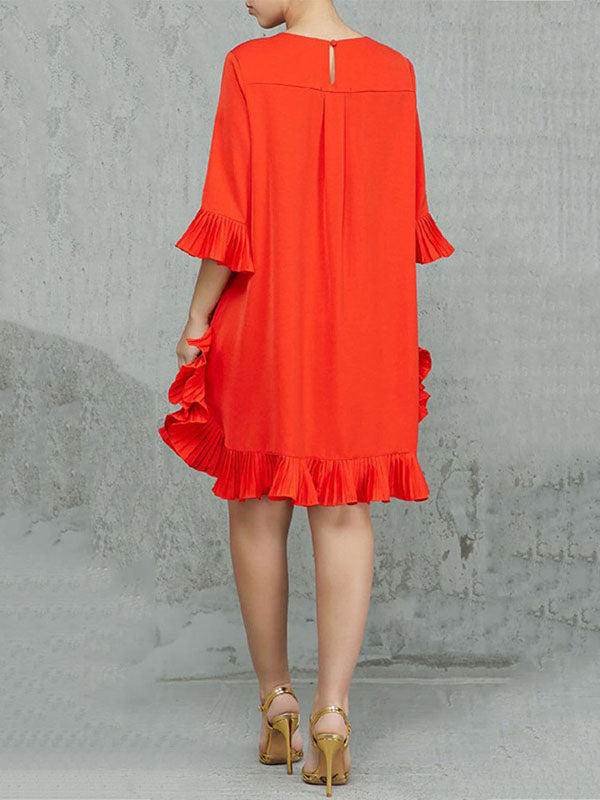 Olivia Bennet | Half Sleeves Loose Falbala Solid Color Round-Neck Midi Dresses Short Dresses