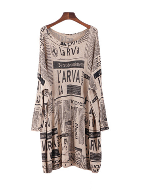 Olivia Bennet | Vintage Loose One-Shoulder Newspaper Printed Split-Joint Sweater