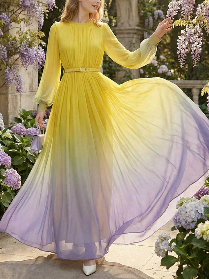 Olivia Bennet | High Waisted Long Sleeves Belted Contrast Color Gradient Pleated Split-Joint Round-Neck Maxi Dresses