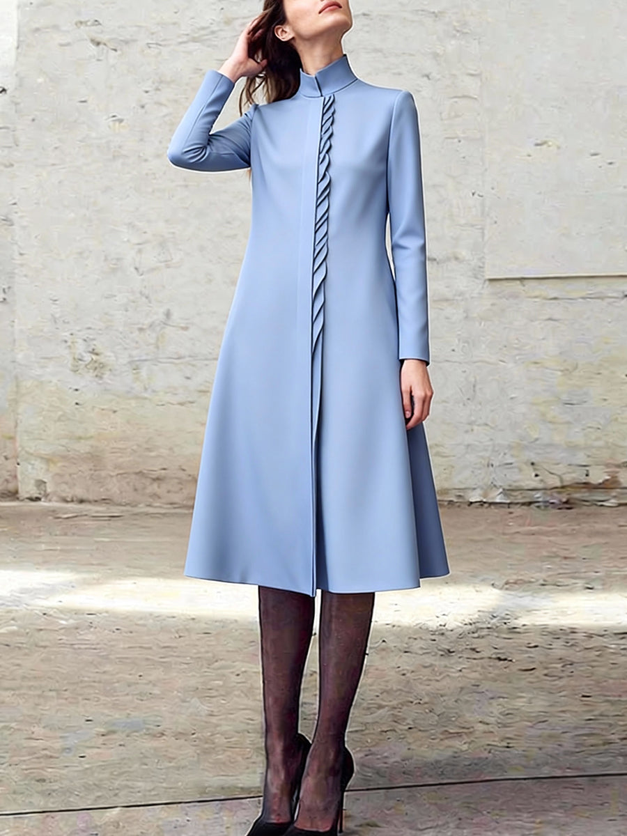 Olivia Bennet | A-Line Bodycon Asymmetric Pleated Pockets Solid Color Split-Joint Stand Collar Midi Dresses