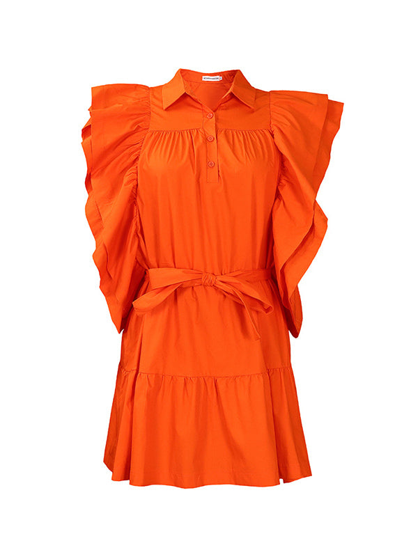 Olivia Bennet | A-Line High Waisted Buttoned Pleated Ruffled Solid Color Tied Waist Lapel Mini Dresses