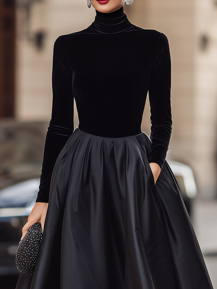 Olivia Bennet | Elegant Black Velvet And Satin Midi Dress