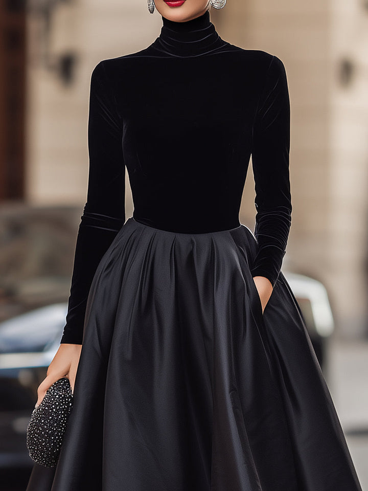 Olivia Bennet | Elegant Black Velvet And Satin Midi Dress
