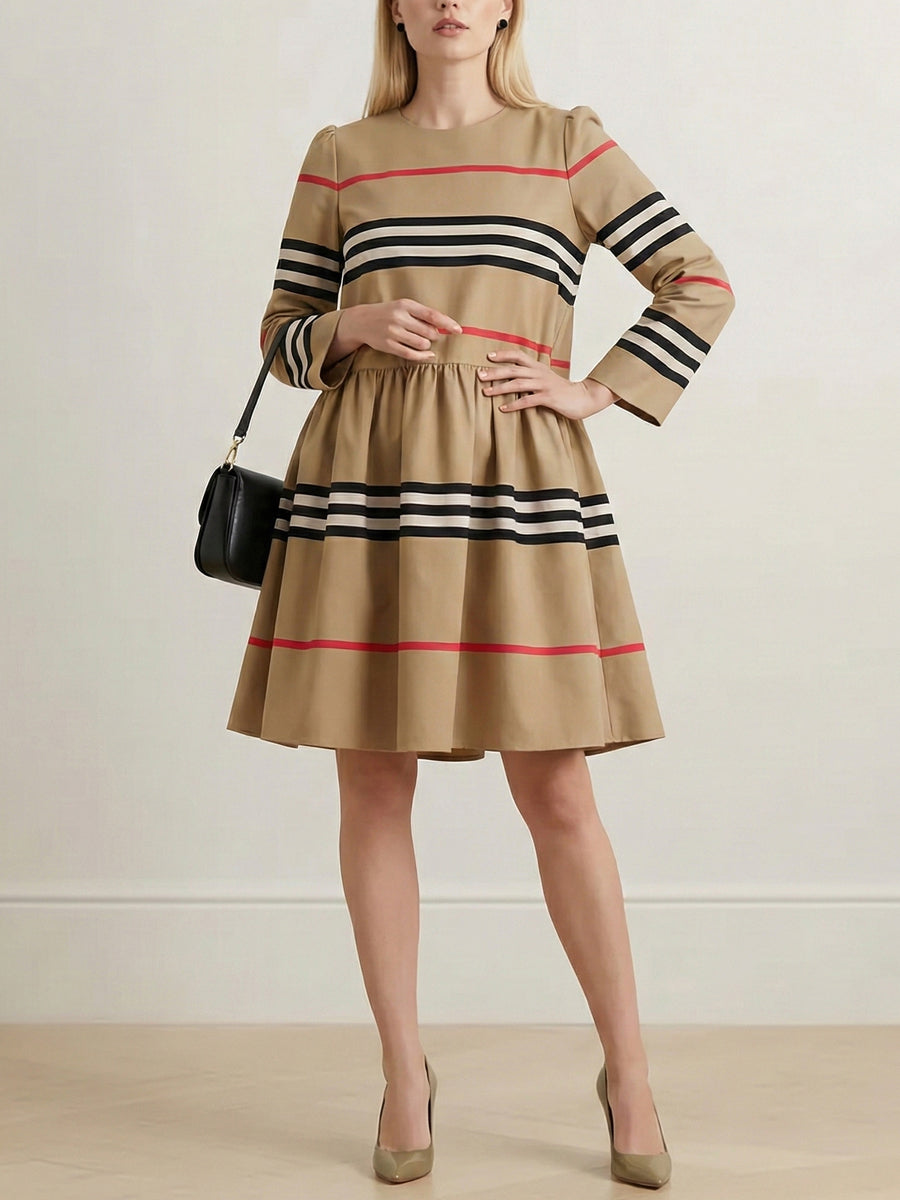 Olivia Bennet | A-Line High Waisted Contrast Color Pleated Striped Zipper Mock Neck Midi Dresses