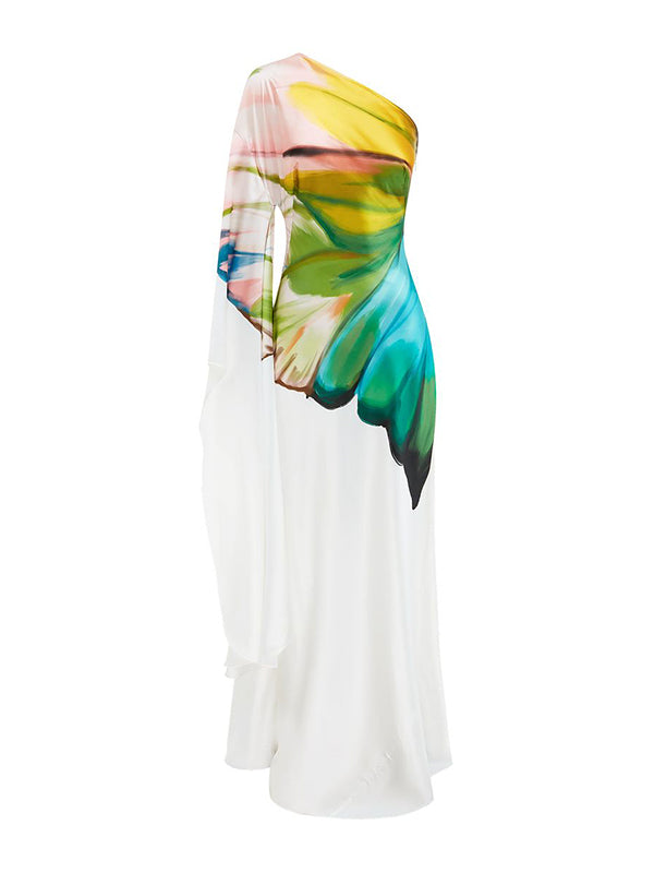 Olivia Bennet | Long Sleeves Loose Asymmetric Flower Print One-Shoulder Maxi Dresses