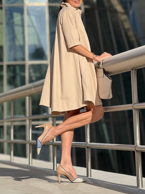 Olivia Bennet | A-Line Short Sleeves Solid Color Split-Joint Lapel Mini Dresses Shirt Dress