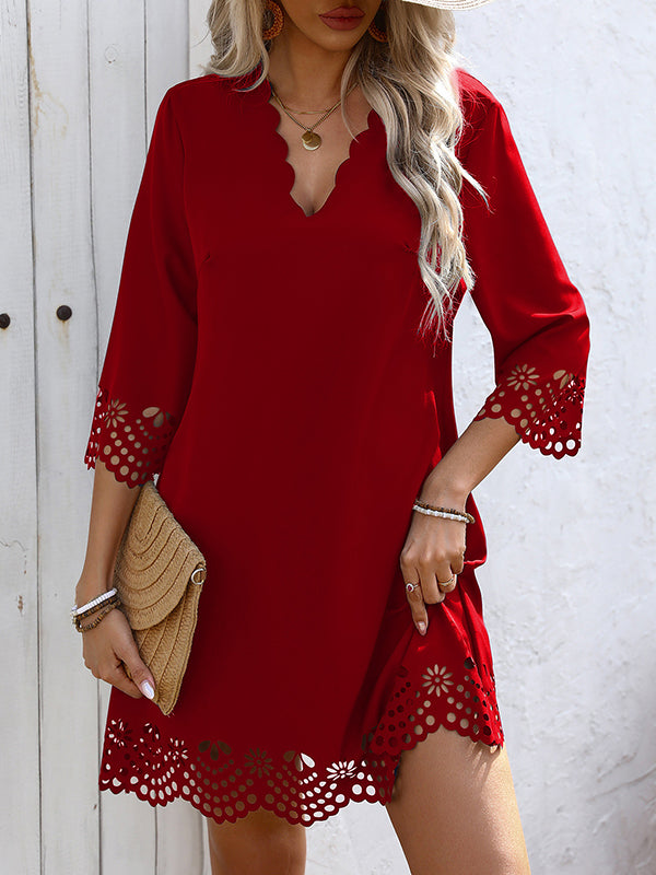 Olivia Bennet | A-Line Loose Hollow Solid Color V-Neck Mini Dresses