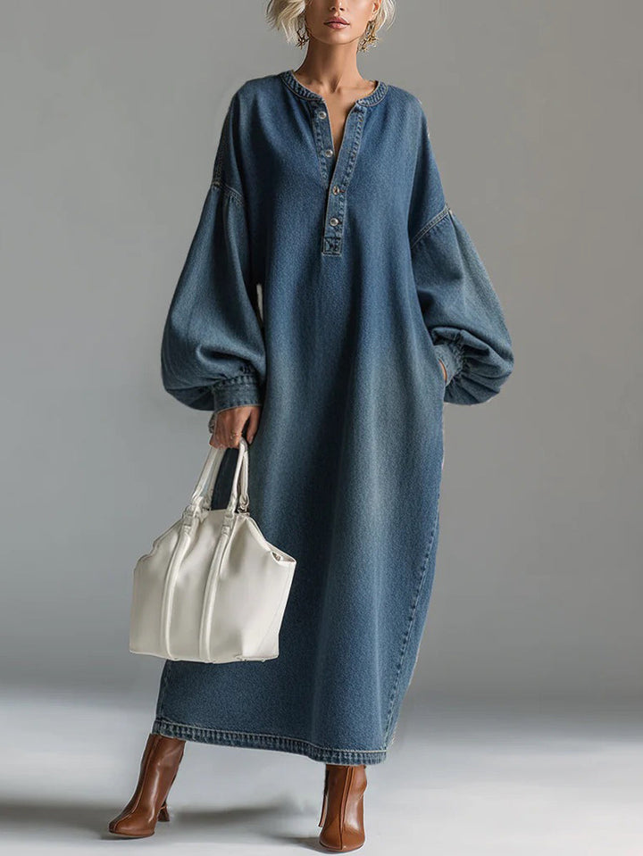 Olivia Bennet | Long Sleeves Loose Buttoned Pockets Solid Color V-Neck Maxi Dresses