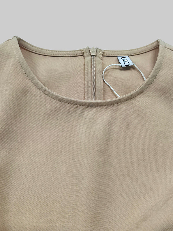 Olivia Bennet | High Waisted Loose Pleated Solid Color Round-Neck Midi Dresses