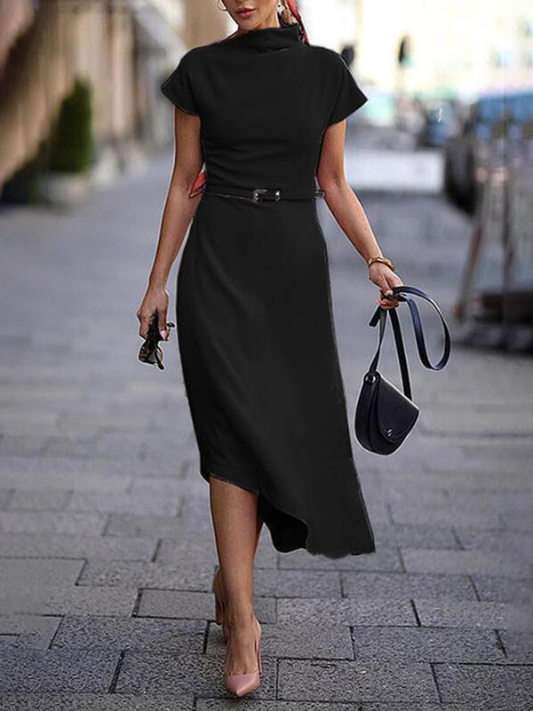 Olivia Bennet | A-Line Loose Asymmetric Solid Color Mock Neck Midi Dresses